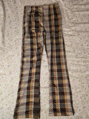 Free People Ladies Side Zip Plaid Flare Pants in Brown, Mustard, and Cream